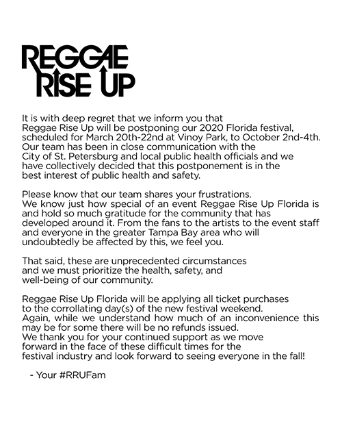 Postponed: Reggae Rise Up - Florida 2020