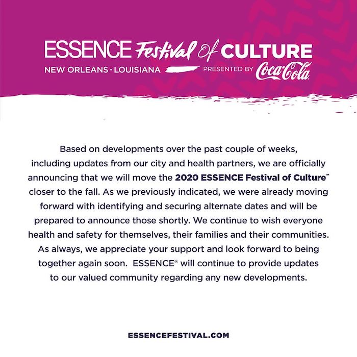 POSTPONED: Essence Music Festival 2020