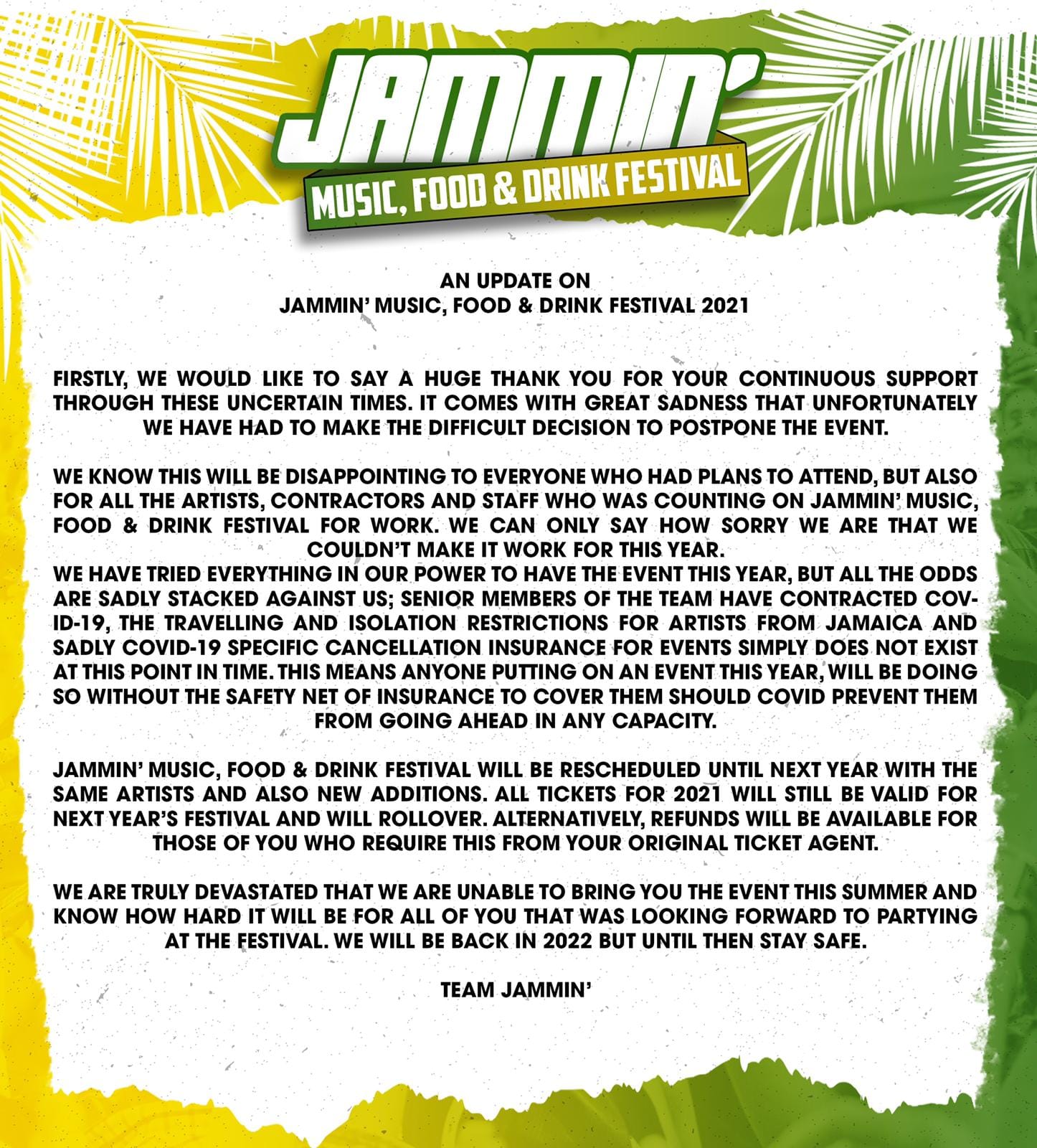 CANCELLED: Jammin Music, Food & Drink Festival 2021