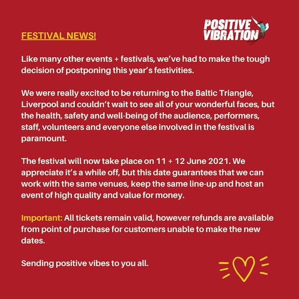 POSTPONED: Positive Vibration 2020 - Festival Of Reggae