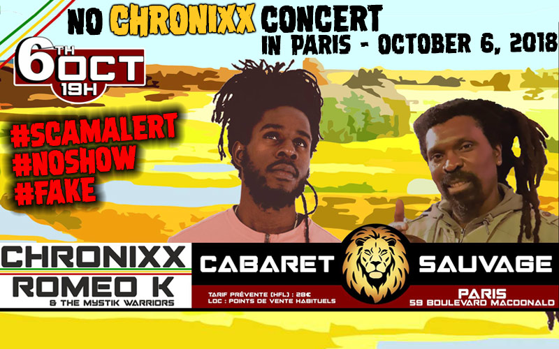 NO Chronixx Concert In Paris, France @ Cabaret Sauvage - October 6, 2018